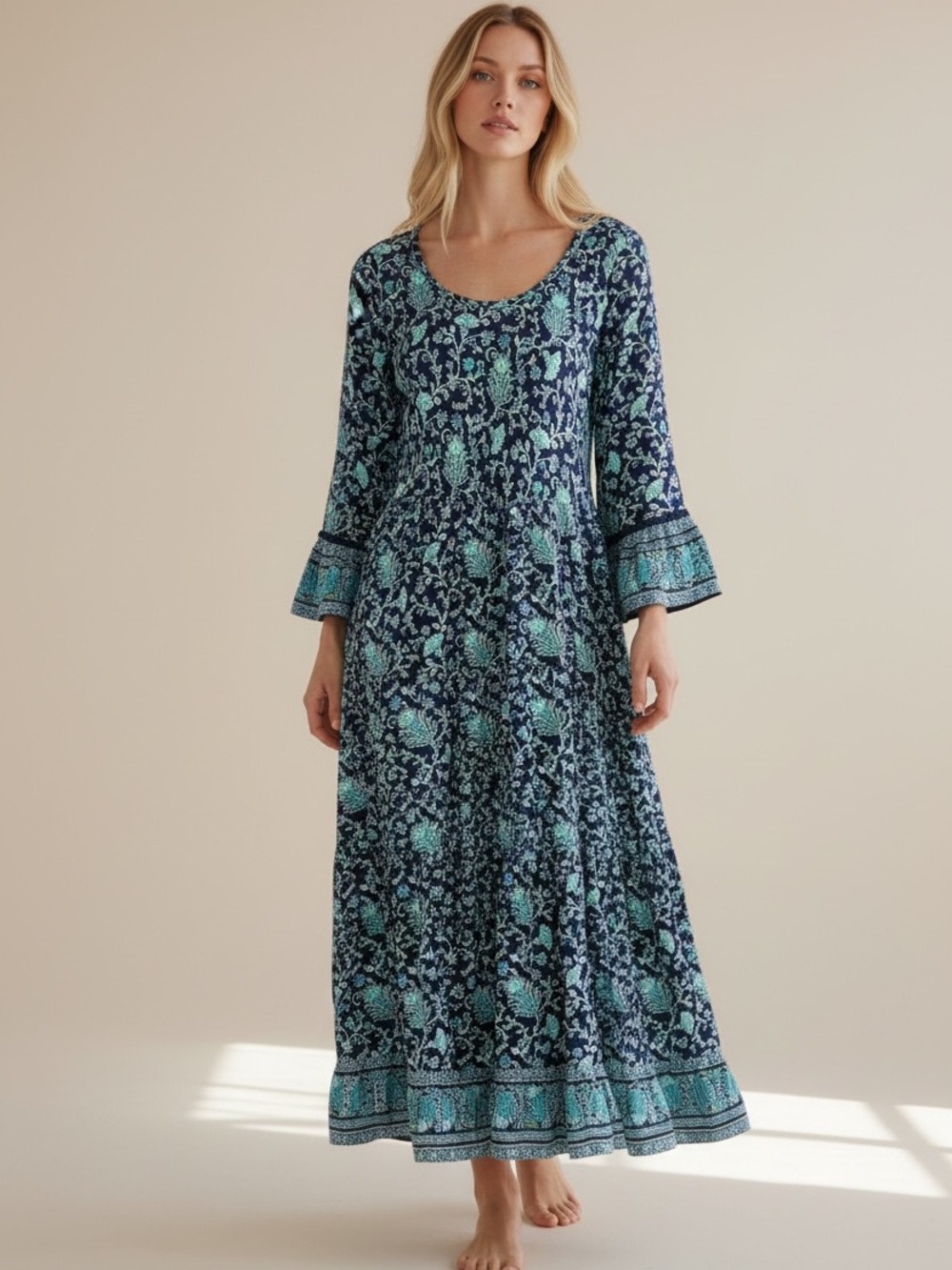 Soft Surroundings Floral Maxi Dress Sz XL Blue Relaxed Flowy Boho Indie Folk